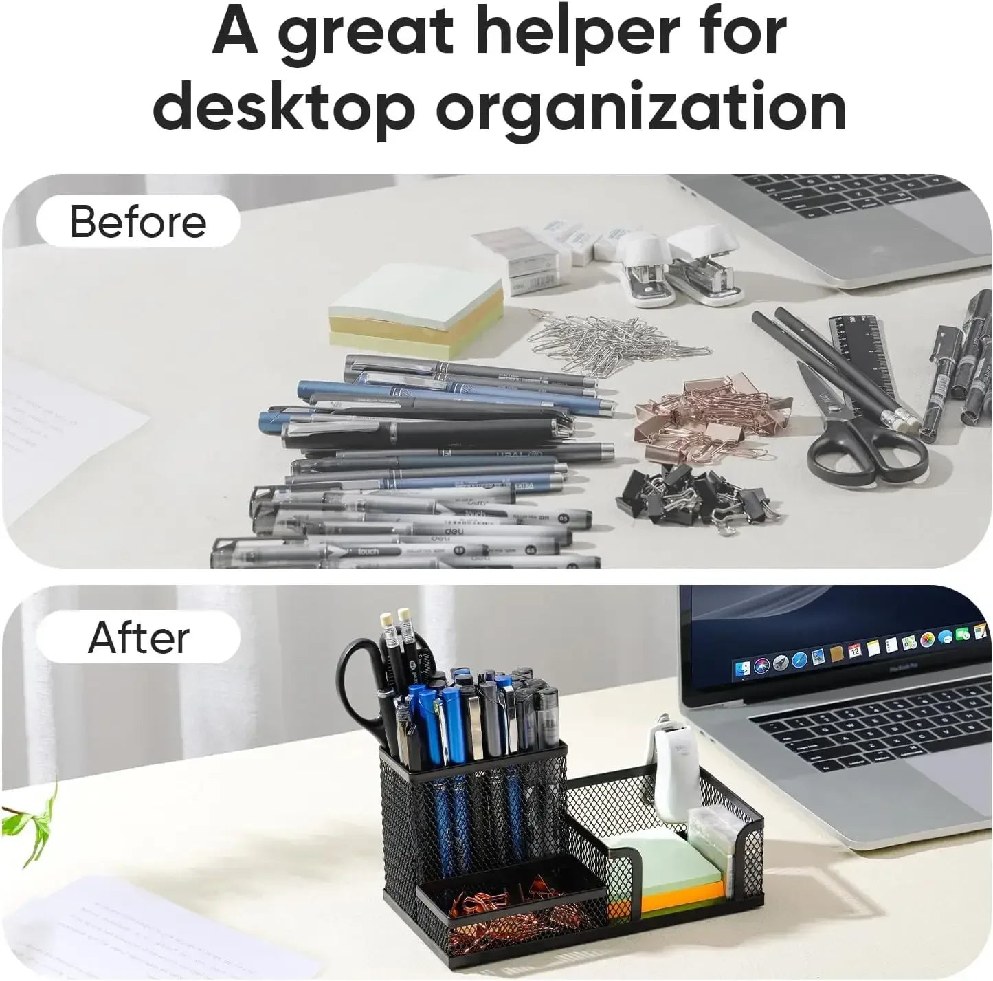 Mesh Desk Organizer Office Supplies Caddy with Pencil Holder and Storage Baskets for Desktop Accessories, 3 Compartments, Black - Urbizia