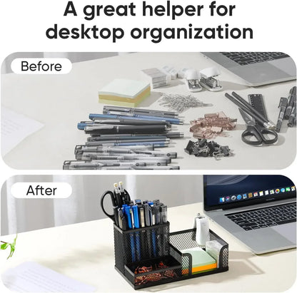 Mesh Desk Organizer Office Supplies Caddy with Pencil Holder and Storage Baskets for Desktop Accessories, 3 Compartments, Black - Urbizia