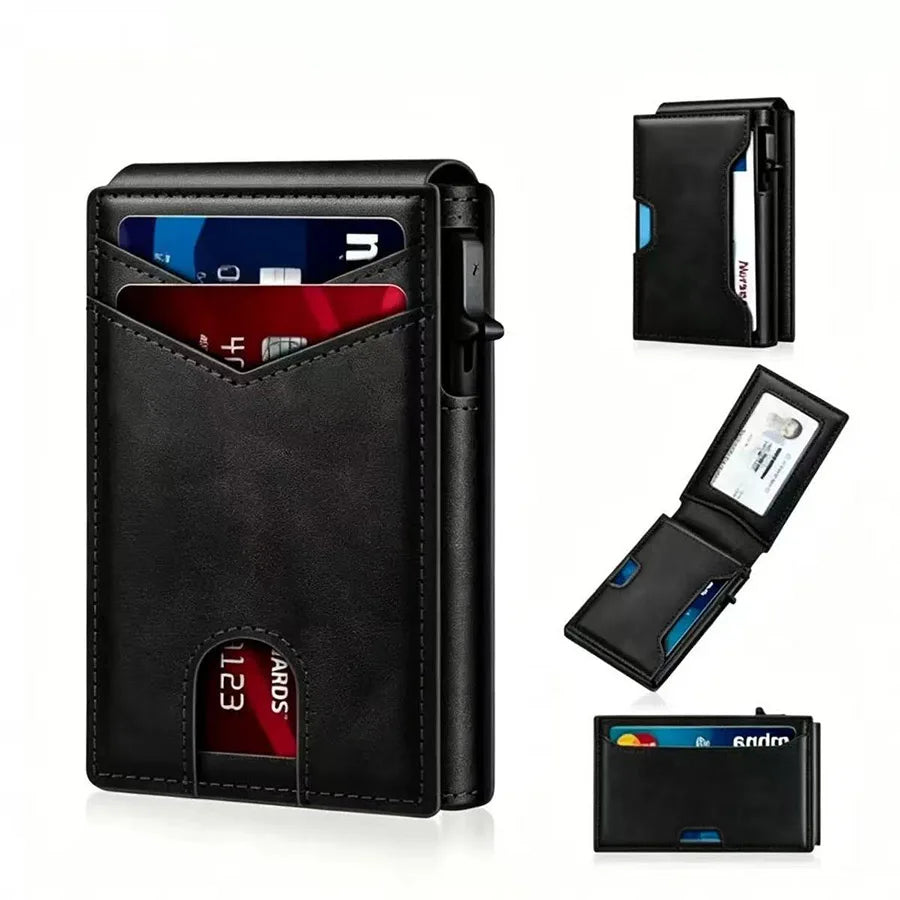 Men Vintage Leather Wallet RFID Blocking Aluminum Auto Pop Up Credit Card Holder for Men