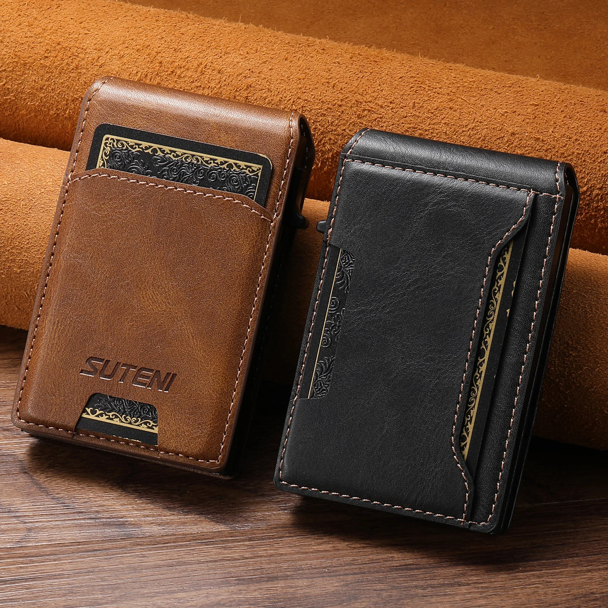SUTENI PU Leather For Men Wallet Card Slot Wallet Flip Cover Card Box Pressing The Button Automatically Ejects The Card