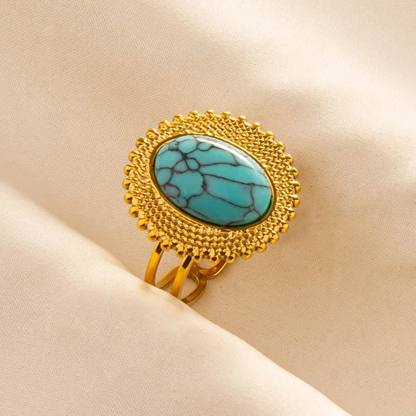 Turquoise Finger Jewelry Long Oval Sun Heart Water Drop Stainless Steel Rings For Women Men Accessories Gold Plated Open Anillos