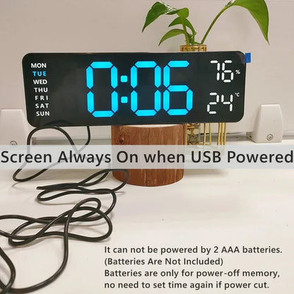 9 Inch Large Digital Wall Clock USB Powered TEMP Humidity Week Auto Dimmer DST Table Clock 12/24H Electronic LED Alarm Clock - Urbizia