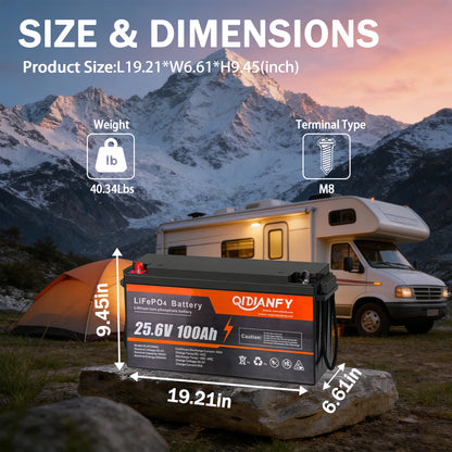 Qidianfy 24V 100Ah LiFePO4 Lithium Battery Built-in 100A BMS 2560W Deep Cycles for RV Camping Motorcycle Backup Power Off-Grid