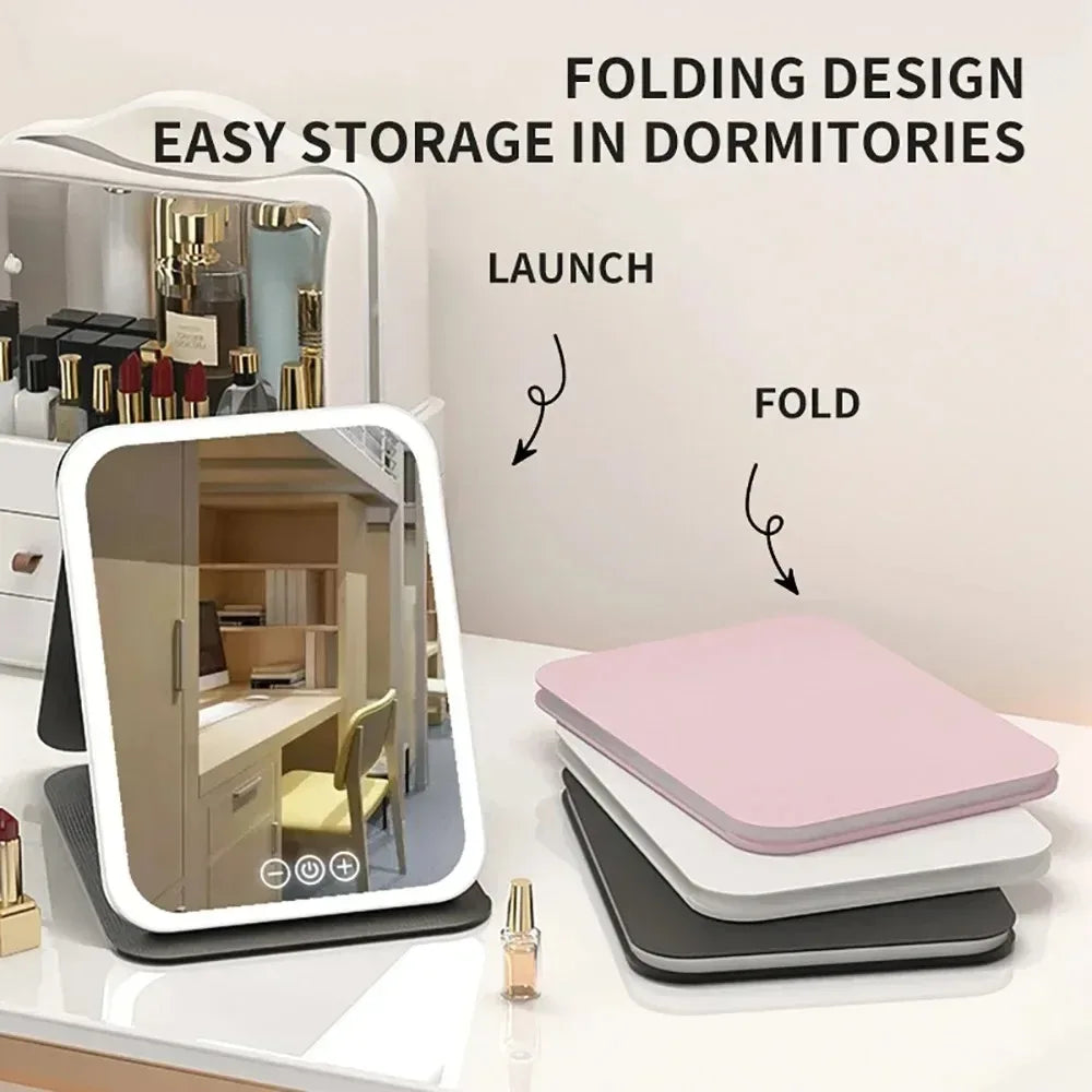 USB Rechargeable 3 Colors LED Makeup Mirror Pocket Mirror Touch Dimmable 3 Brightness Foldable for Travel Office Home - Urbizia