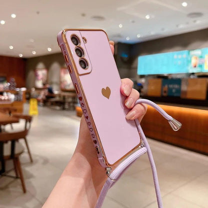 Crossbody Strap Cord Phone Case For Samsung Galaxy S26 S25 S23 S24 Ultra S24 FE A17 A57 A16 A55 5G Plating Heart Lanyard Cover