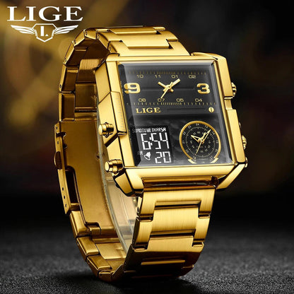 LIGE New Top Brand Luxury Fashion Men Watches Gold Steel Sports Square Digital Analog Big Quartz Watch for Man relogio masculino