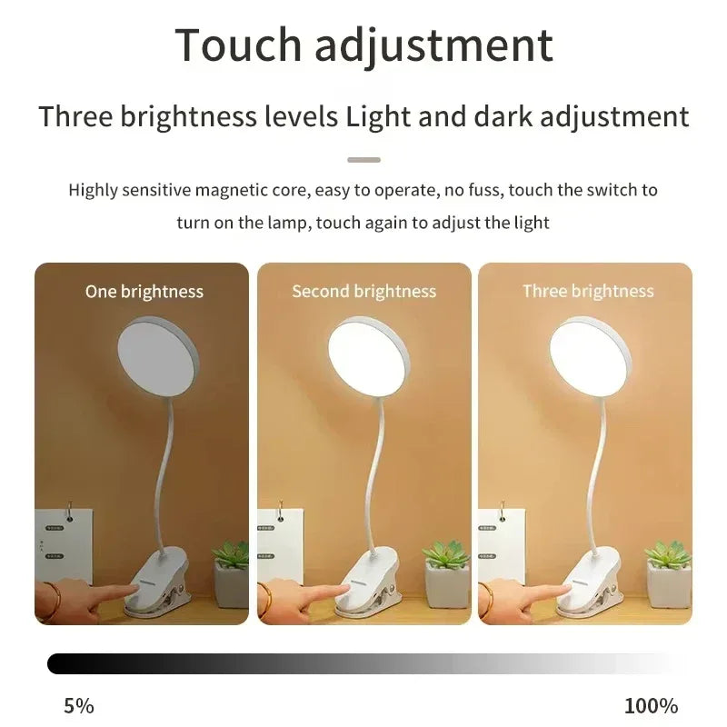 USB Rechargeable LED Desk Lamp,3 Modes Touch Dimming Eye-Caring Table Lamp w/Folding Clamp,Portable Night Light for Study Read - Urbizia