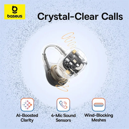 Baseus Bass BC1 Open Ear Earbuds Clip-On Headphones Open-Ring Comfort Clip Earphones SuperBass 4-Mic Clear Calls Sports Earbuds