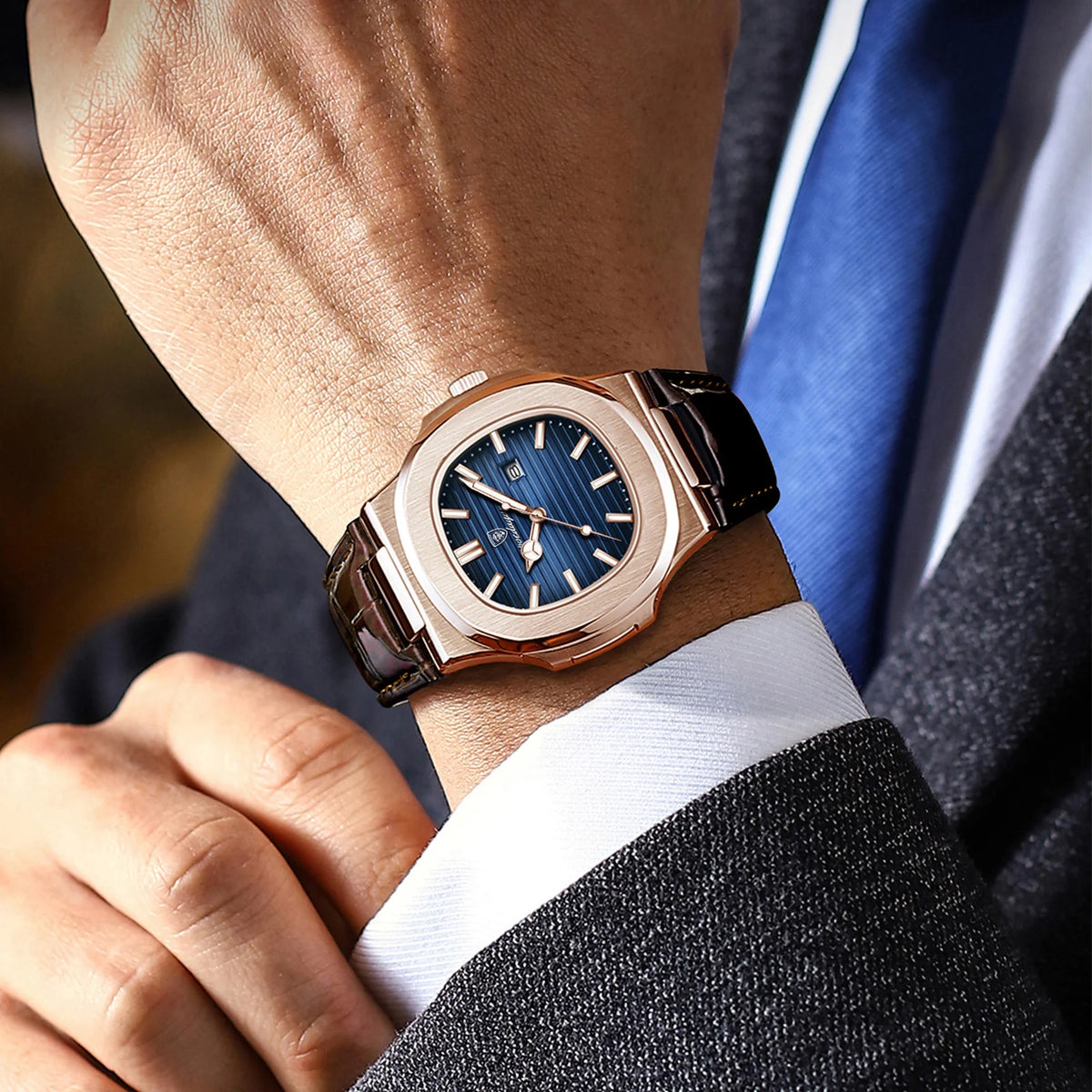 POEDAGAR Business Men's Watch Date Waterproof Luminous Luxury Men Clock High Quality Leather Quartz Square Watches For Man Reloj