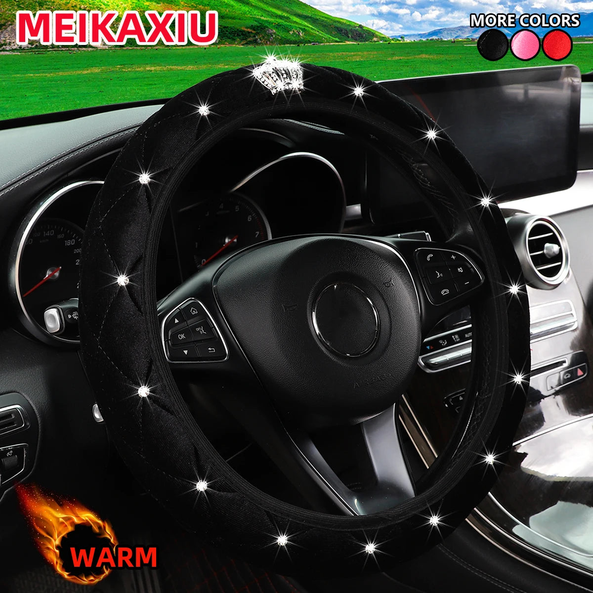 Winter Short Fur Velvet Steering Wheel Cover Diamond-Encrusted Crown Blingbling Car Interior Accessory without Inner Ring