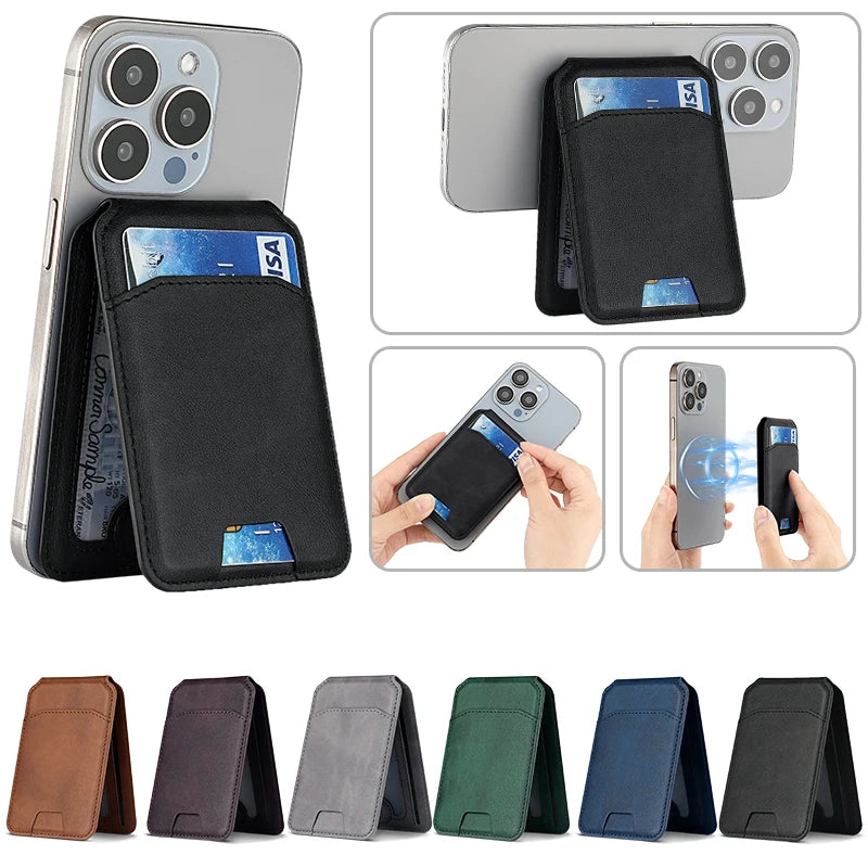 Magnetic Card Holder PU Leather Phone Case with Wallet Stand Credit Card Pocket for Magsafe Apple Phone Samsung Galaxy Devices