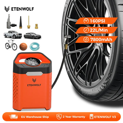 ETENWOLF V3 Portable Tire Inflator Pump 160 PSI Car Compressor 100% Duty Cycle Tire Inflator Pump 7800mAh Air Pump For Cars Motorcycles Bicycles Power Bank