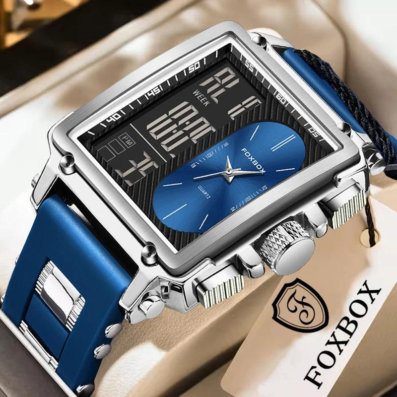 FOXBOX New Creative Square Watch Men Fashion Business Silicone Waterproof Men's Electronic Wristwatch LED Backlight Chronograph