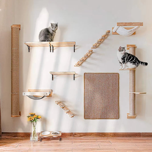 Wall-Mounted Cat Shelves with Sisal Scratching Post