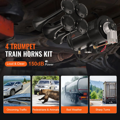 SucceBuy Train Horns Kit 4 Trumpet Air Horn Kit 150dB Train Horns 12V 120psi Air Compressor  for Car Truck Train Van Boat Pickup