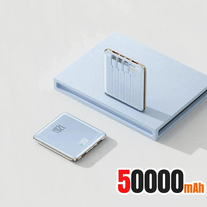 New 500000mAh Mini Power Bank Built-in 4 Cables Large Capacity Super Fast Charging External Battery for IPhone Samsung