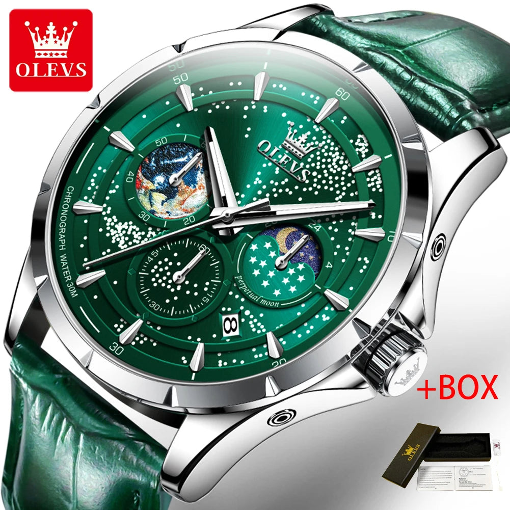 OLEVS Fashion Starry Sky Green Dial Quartz Watch for Men Multifunction Moon Phase Luminous Chronograph Watches Relogio Masculino