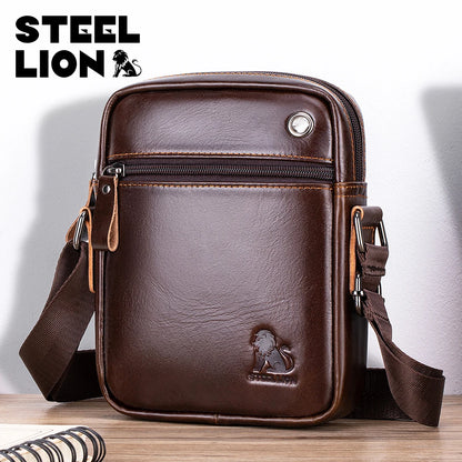 STEEL LION Men's Genuine Leather Crossbody Bag, Cowhide Business Vertical Mini Casual Shoulder Bag, Mobile Phone Bag