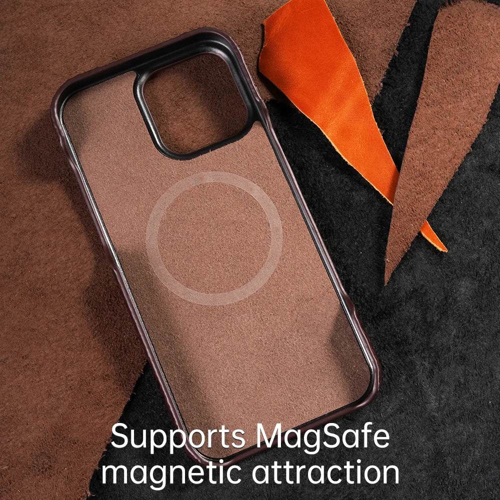 for Magsafe Case for iPhone 15 16 17 18 Pro Max Air 18Pro Natural Cowhide Leather Magnetic Protector Luxury Phone Back Cover