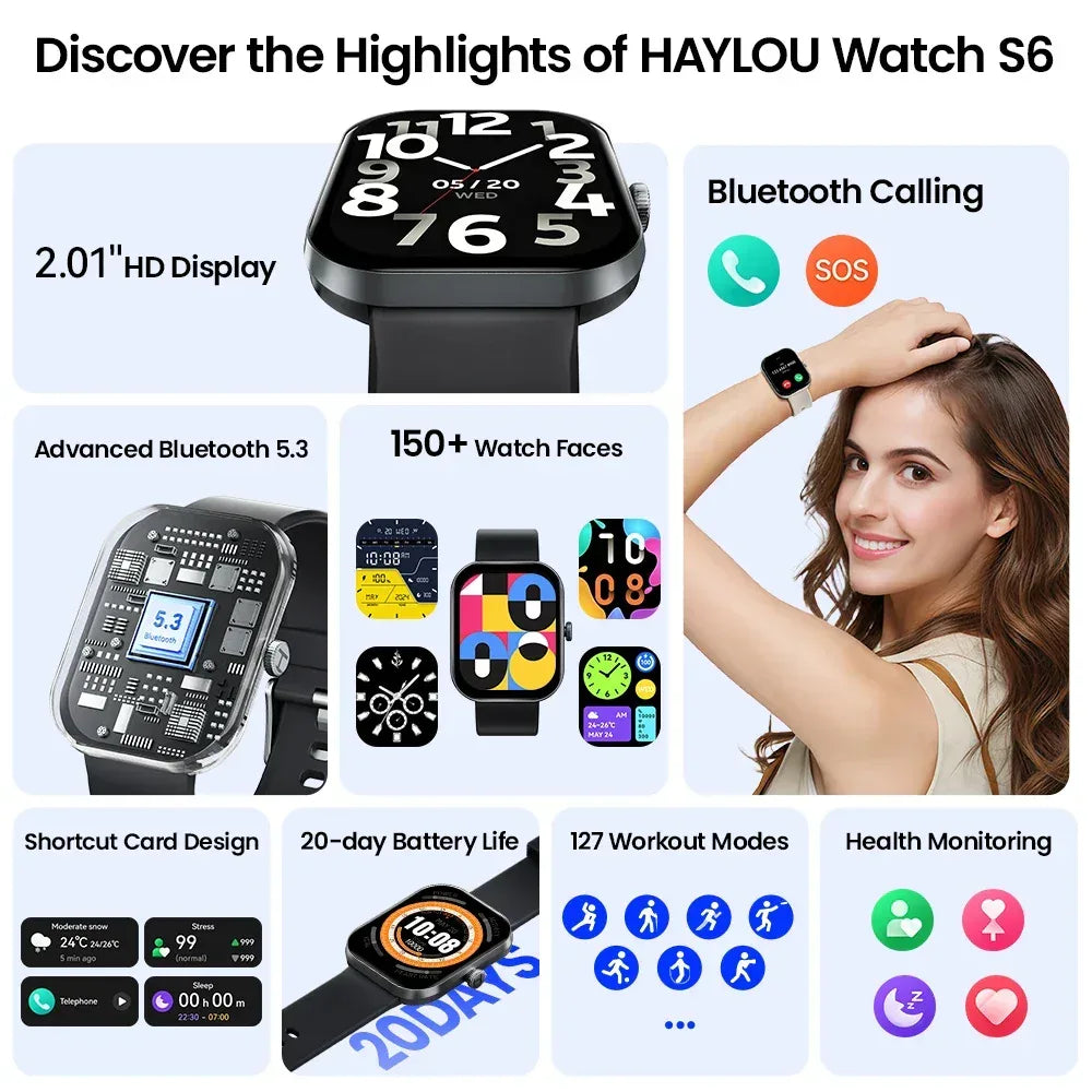 HAYLOU Watch S6 Smartwatch 2.01" HD Display Smart Watch Bluetooth Voice Callings IP68 Waterproof Fitness Tracking Smartwatch - Urbizia