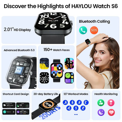 HAYLOU Watch S6 Smartwatch 2.01" HD Display Smart Watch Bluetooth Voice Callings IP68 Waterproof Fitness Tracking Smartwatch - Urbizia