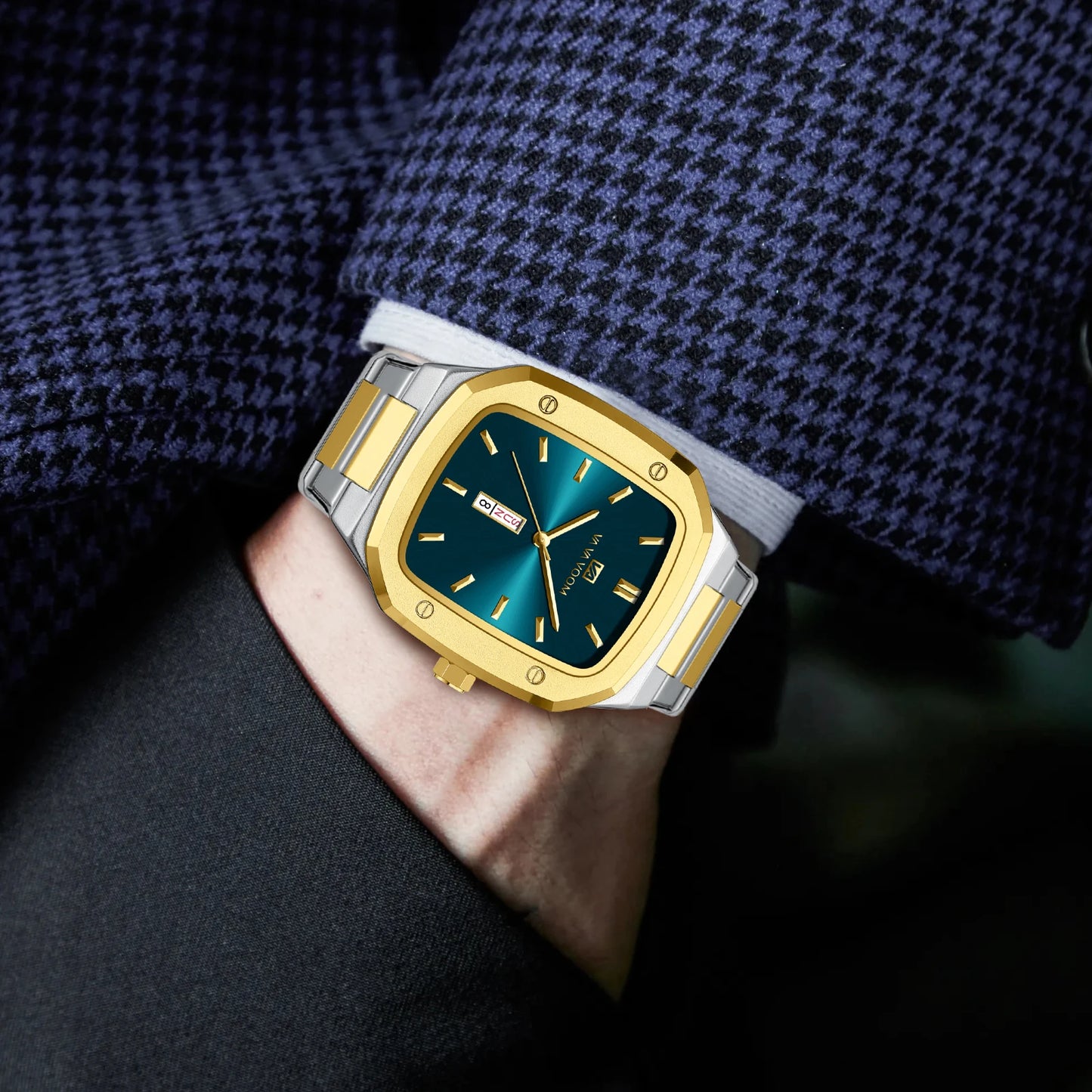 2024 New Men Watch Fashion Square Stainless Steel Strap Blue Gold 3Bar Quartz Week Calendar Simulated Business Sports WristWatch