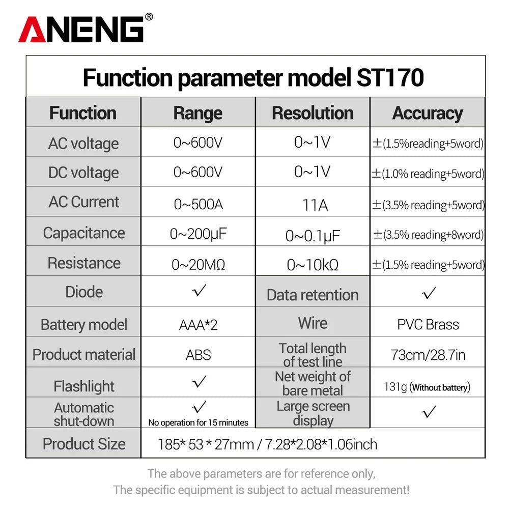 ANENG ST170 Digital Clamp Meter Multimeter 500A AC Current AC/DC Voltage Tester Resistance Capacitance Diode Test NCV Large Screen Flashlight Auto Power Off Electrician Tools