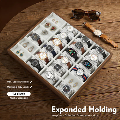 24 Slots Watch Box Organizer for Men Black Watch Holder Stand Display Storage Case