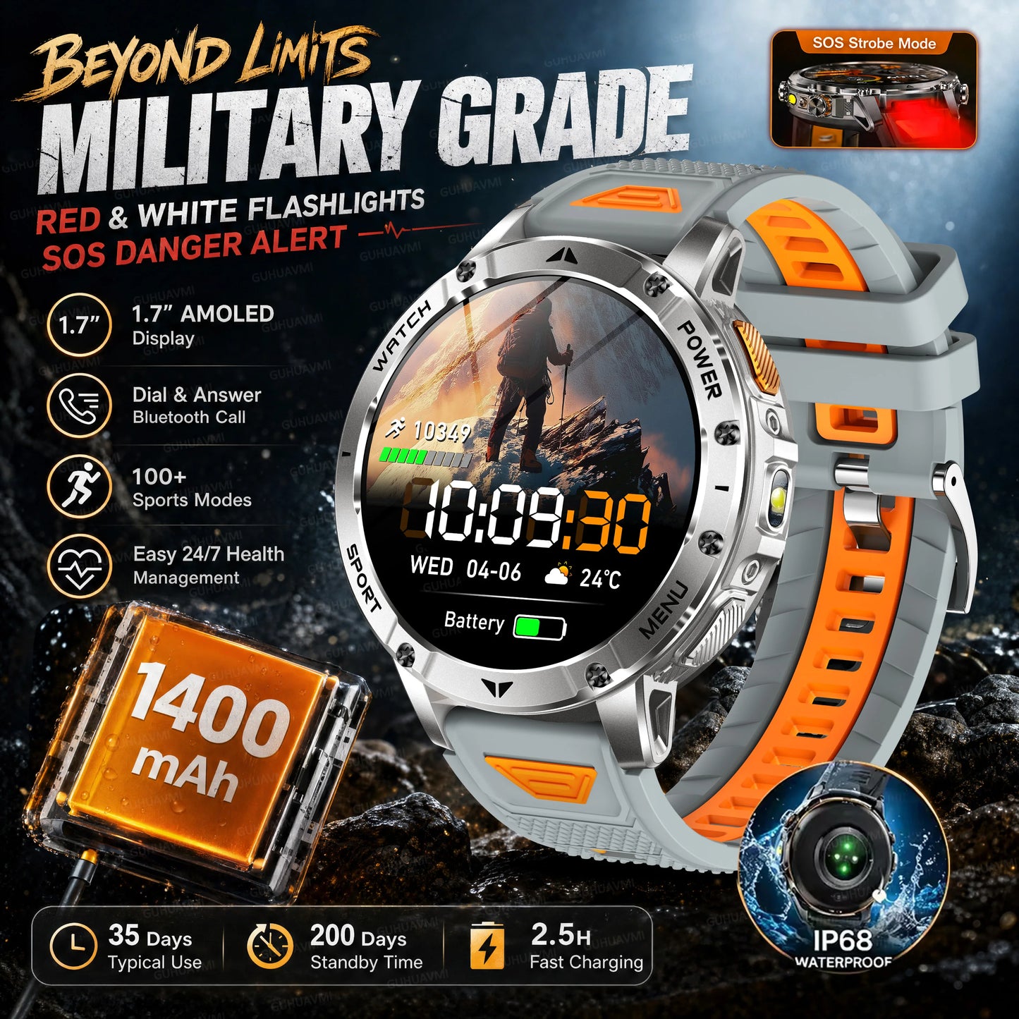 2026 New Military Outdoor Smart Watch Men 10ATM Waterproof Diving Heart Rate Monitor LED Flashlight Bluetooth Call Fitness Watch
