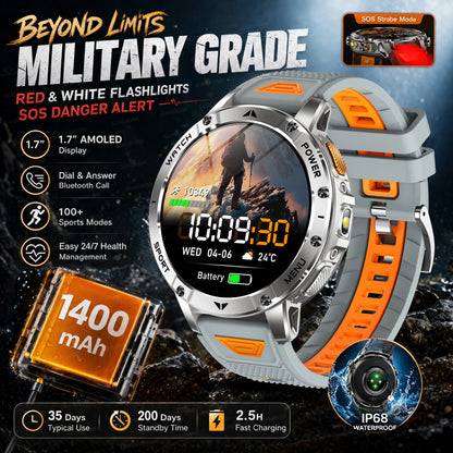 2026 New Military Outdoor Smart Watch Men 10ATM Waterproof Diving Heart Rate Monitor LED Flashlight Bluetooth Call Fitness Watch