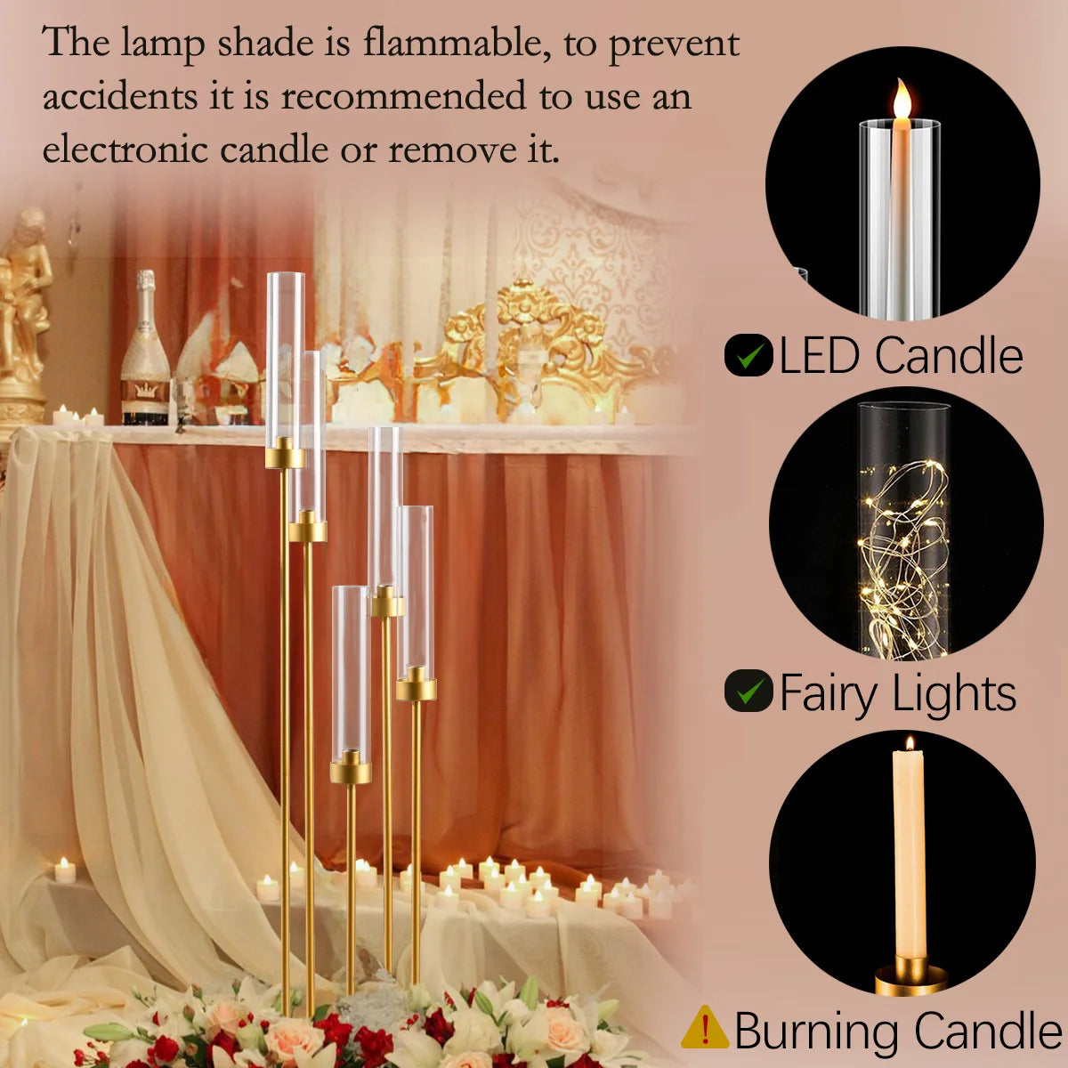 Gold Floor Candelabra 5 Arm Tall Candle Holder with Acrylic Lampshade for Wedding Table Birthday Party Decoration 10PCS