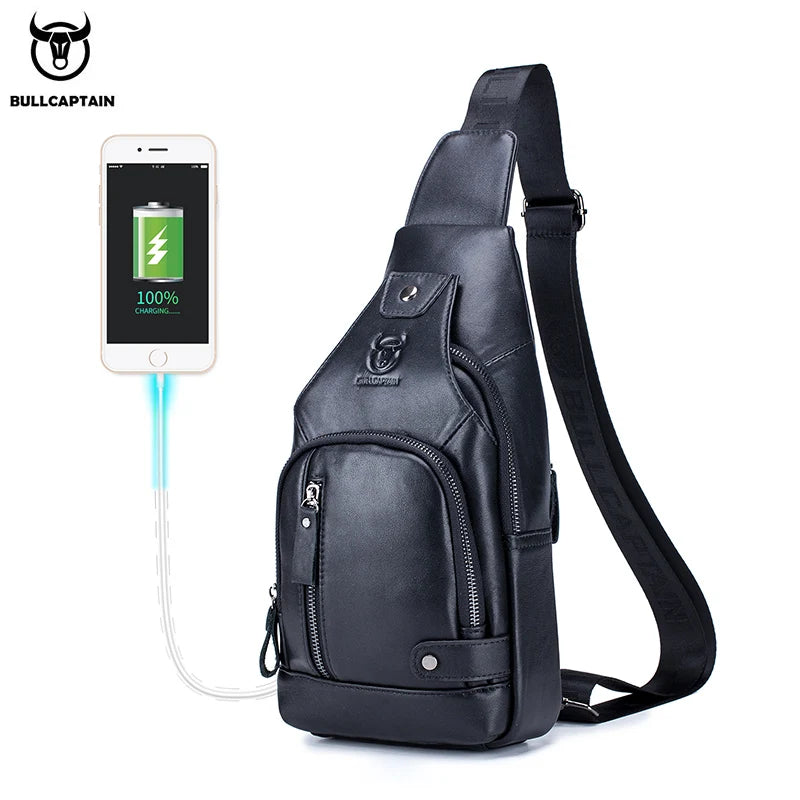 Bullcaptain Men's Usb Chest Bag 100% Genuine Leather Crossbody Shoulder Bags Multifunction Travel Outdoor Messenger Pack Fashion