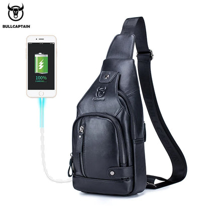 Bullcaptain Men's Usb Chest Bag 100% Genuine Leather Crossbody Shoulder Bags Multifunction Travel Outdoor Messenger Pack Fashion