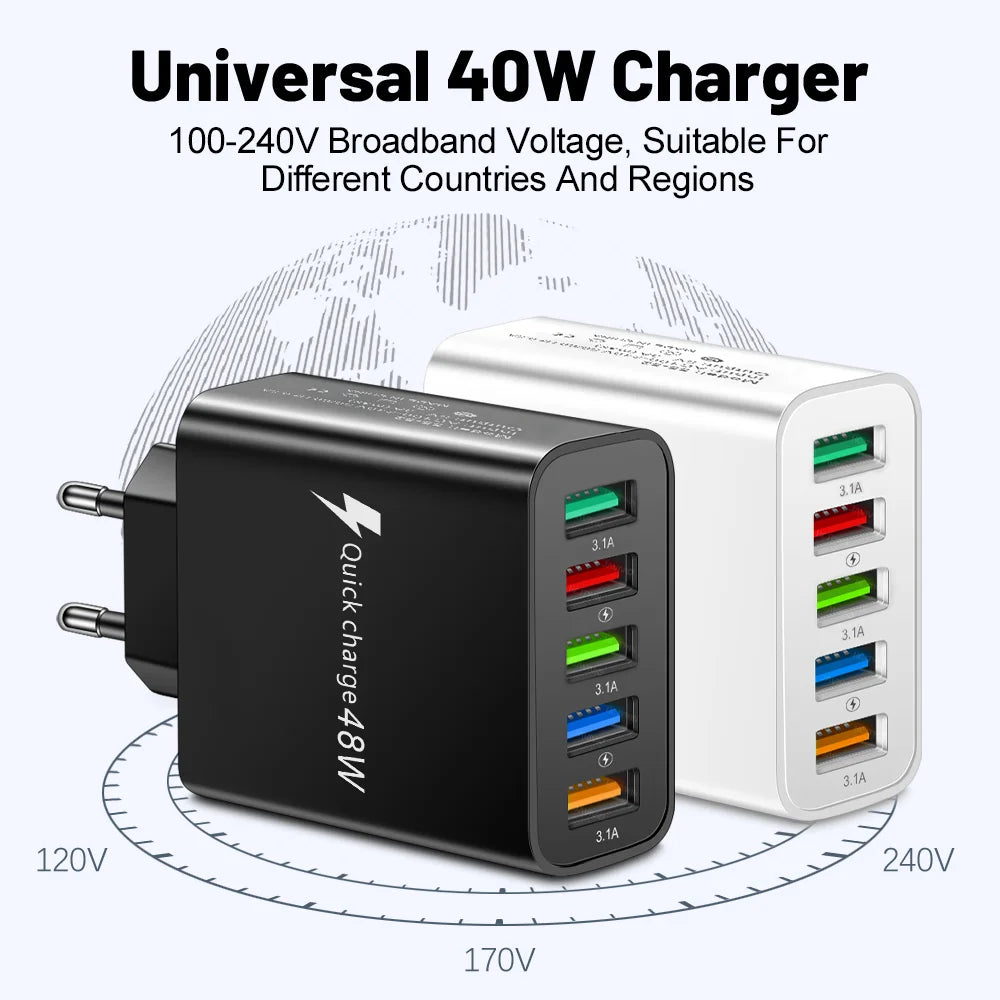 48W USB Charger Fast Charging QC3.0 Wall Charger Adapter For iPhone 14 13 Samsung Xiaomi Mobile Phone Charger 5 Ports EU US Plug