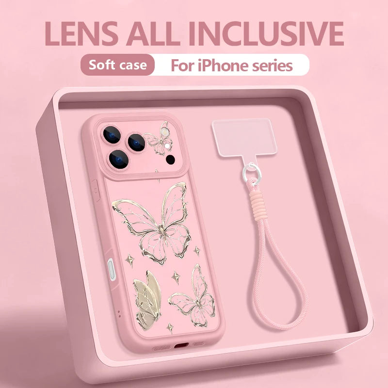 Retro Butterfly Pattern Lanyard Phone Case For iPhone 18 17 Pro Max 16 14 15 17 Pro 13 Pro Max 17e 16e 11 Soft Wrist Strap Cover
