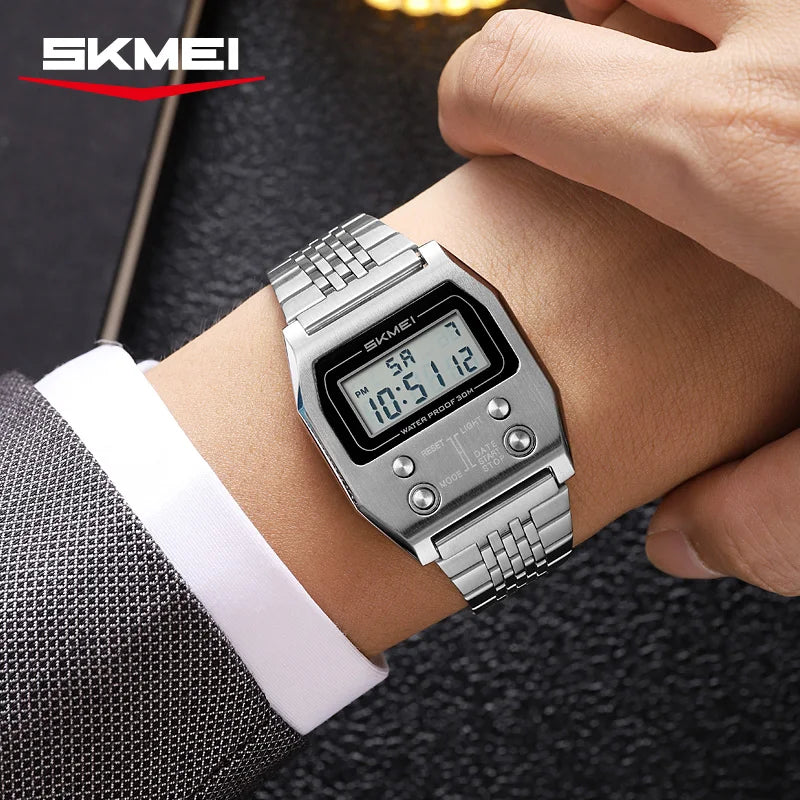 SKMEI 2460 Men's Sports Waterproof Digital Watch Stainless Steel Luxury Retro LED Alarm Clock Men's Electronic Watch Reloj Hombr
