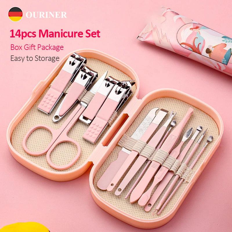 14 Piece Deluxe Manicure & Pedicure Set Pink And Blue Stainless Steel Nail Scissors, Clippers, Ear Digging Spoon for Men & Women