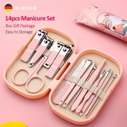 14 Piece Deluxe Manicure & Pedicure Set Pink And Blue Stainless Steel Nail Scissors, Clippers, Ear Digging Spoon for Men & Women