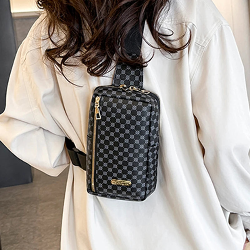 Brown Classic Plaid Pattern Chest Bag, Multi-zip Spacious Sling Purse Fits Phone, Makeup and Small Daily Essentials