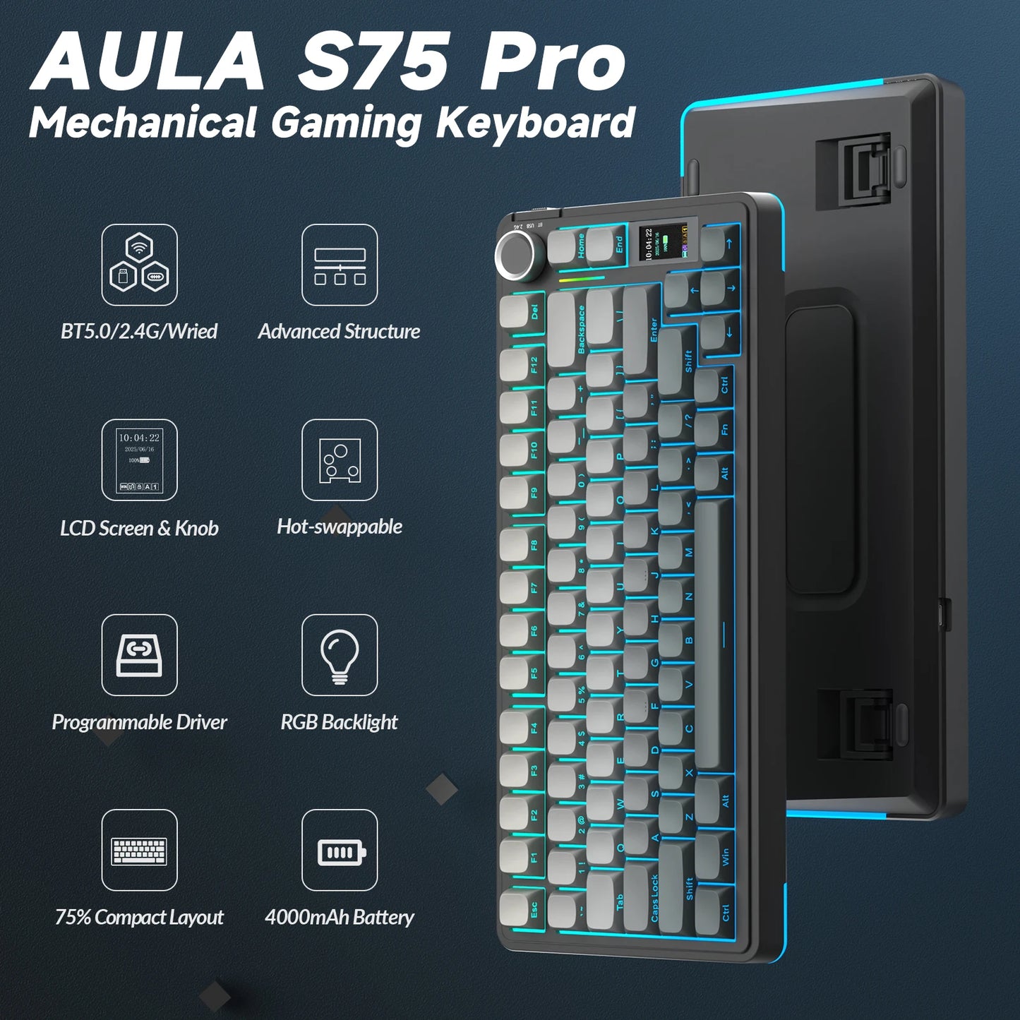 AULA S75pro Wireless Keyboard Tri-mode RGB Gaming Keyboard Hot Swap PBT Keycaps with Macro Software