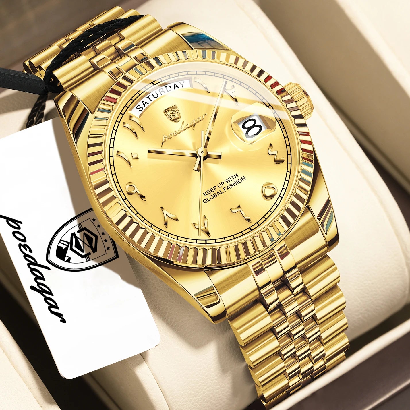POEDAGAR Top Trendy Man Clock Stainless Steel Waterproof Business Men Watch Date Week Quartz Creative Men's Watches Reloj Hombre