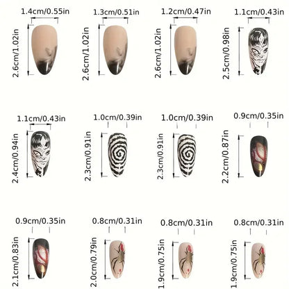 24Pcs Horror Comic Tomie Press on Nails – Almond Glossy Black Japanese Anime Nails, Reusable Halloween False Nail Tips