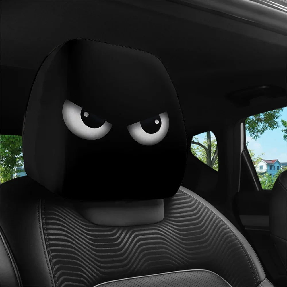 2PCS Funny Slanted Eyes Cartoon Print Car Headrest Cover for Halloween Christmas Holiday Automobile Interior Decoration