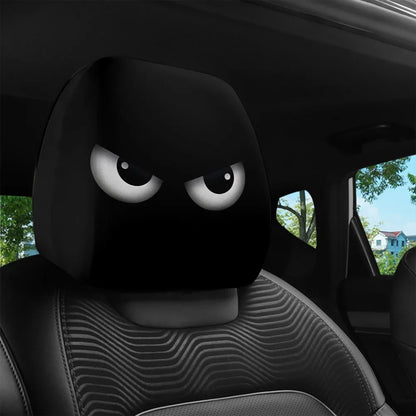 2PCS Funny Slanted Eyes Cartoon Print Car Headrest Cover for Halloween Christmas Holiday Automobile Interior Decoration