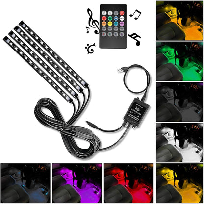 4PCS USB Interior Lights Multicolor Music Car Strip Light Under Dash Lighting Kit with Sound Active & Wireless Remote Control