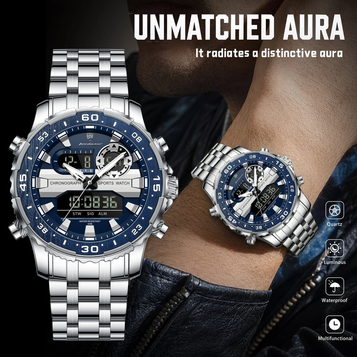 POEDAGAR Top Military Quartz Man Clock Week Date LED Luminous Digital Men Watch Dual Time Electronic Fashion Men's Watches Reloj
