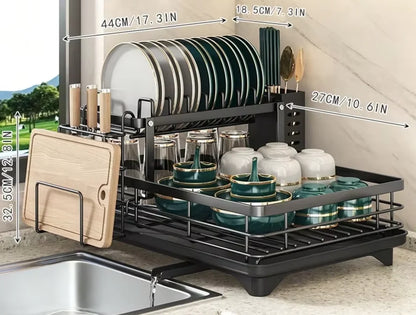 This Double-Layered, Large Metal And Carbon Steel Cutlery Rack Is Perfect For Kitchen Countertops. It's Space-Saving And Durable, Featuring Knife, Fork, And Cup Holders, As Well As A Drainer. The Rust-Resistant Design Makes Y
