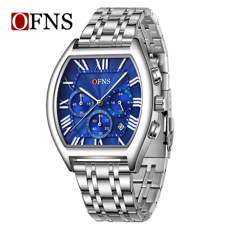 OFNS 1644 Fashion Men Quartz Wristwatch design six-pin Multifunction Chronograph Calendar Waterproof Steel Strap Sports Watches