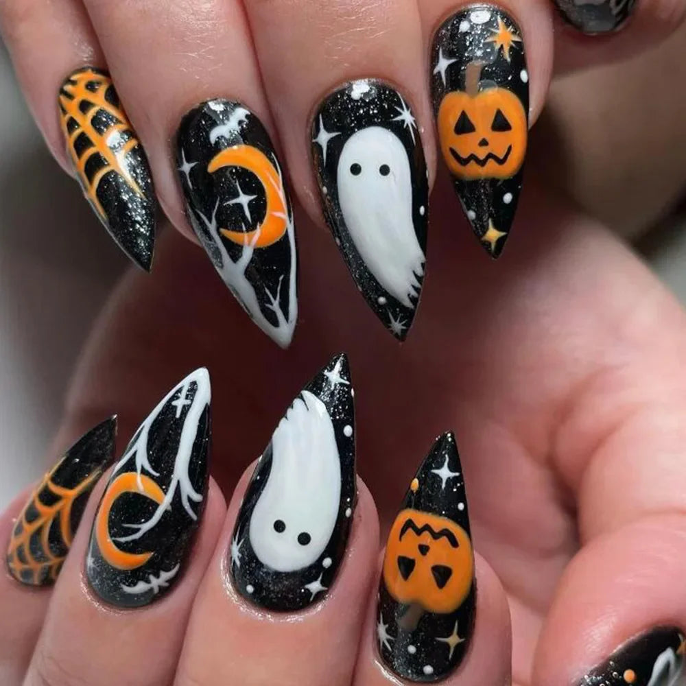 24Pcs Halloween False Nails – Almond Head Clown Design French Full Cover Press-on Nails