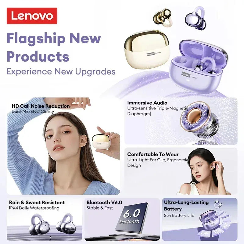 Lenovo LE302 Wireless Bluetooth 6.0 Headset Long Battery Life Sports Ear Clip Earphones HIFI Stereo Noise Cancelling Headphones - Urbizia